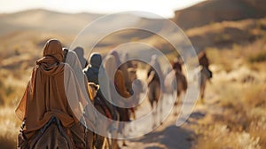 A group of nomadic people faces hidden by headscarves walk in unison with camels across the vast sp desert landscape. .