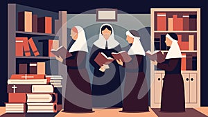 A group of nuns silently admire a display of ancient prayer books in a quiet corner of the museum.. Vector illustration. photo