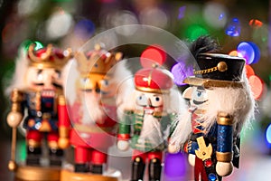A group of nutcrackers are standing in a row, with one of them wearing a red hat