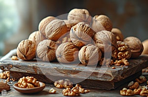 A group of nuts are on a table. A pile of walnuts neatly arranged on top of a wooden table