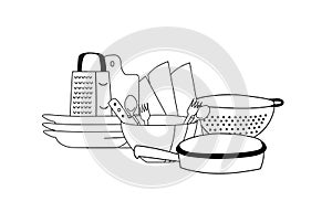 Group of objects mess composition. Linear cooking utensils: grader, cutting board, bowls, plates, pan.