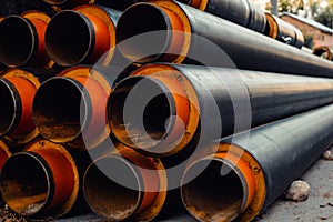 Group of objects new metal industrial pipes for water outside, pipeline for urban construction, sewage or heat supply.