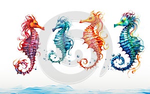 A Group of Oceanic Seahorses in a White Background Setting -Generative Ai