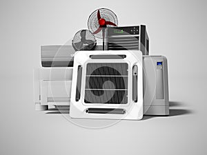 Group of office cooling equipment air conditioning fan 3d render on gray background with shadow
