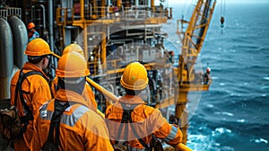 group of oil rig workers dressed in protective gear, collaboratively troubleshooting a piece of machinery on the deck of