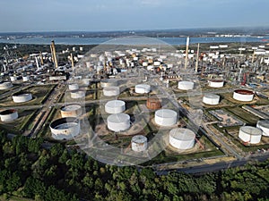 Group of oil storage tanks at UK oil refinery in Fawley