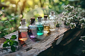 a group of oils in bottles on an old wooden table