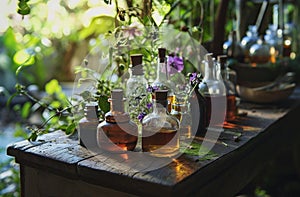 a group of oils in bottles on an old wooden table