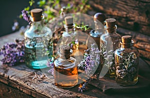 a group of oils in bottles on an old wooden table