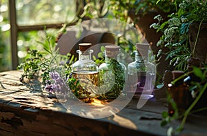 a group of oils in bottles on an old wooden table