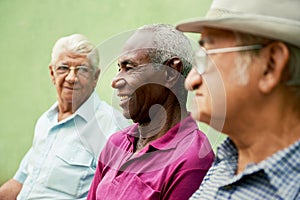Group of old black and caucasian men talking in park photo