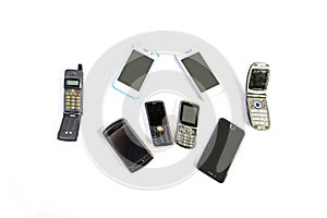 Group of old and obsolete mobile phone