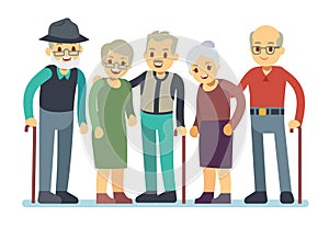 Group of old people cartoon characters. Happy elderly friends vector illustration