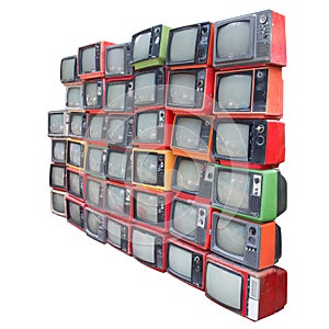 Group of old vintage televisions isolated with clipping path photo