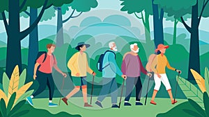 A group of older adults trekking through a dense forest guided by an experienced leader and their trusty walking sticks photo