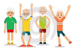 Group of older people perform gymnastic exercises. Elderly men a