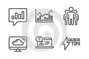 Group, Online help and Cloud storage icons set. Infochart, Analytical chat and Quickstart guide signs. Vector