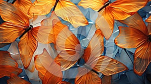 a group of orange butterflies floating in the air with a blue background