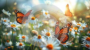 Group of Orange Butterflies Flying Over White Flowers