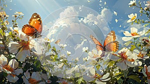 Group of Orange Butterflies Flying Over White Flowers