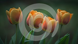 a group of orange tulips with green leaves in the foreground and a blurry background of green leaves in the foreground