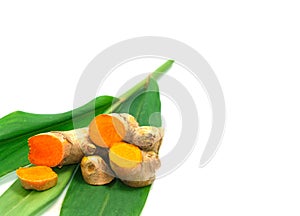 group of orange turmeric vegetable herb and spices slice thai food on green leaves. Isolated on white background