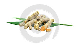 group of orange turmeric vegetable herb and spices thai food on green leaves. Isolated on white background with clipping path