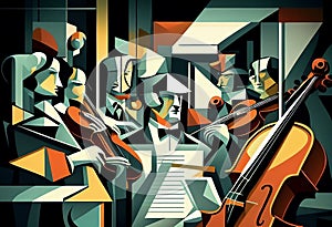 Group of orchestral musicians playing musical string instruments in an abstract cubist style music painting photo