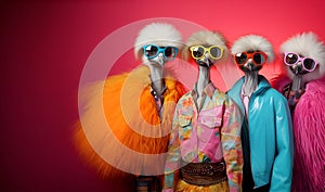 Group of ostrich bird in funky Wacky wild mismatch colourful outfits isolated on bright background advertisement