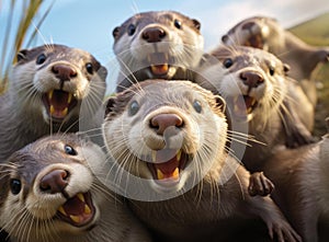 A group of otters look at the camera in a friendly way