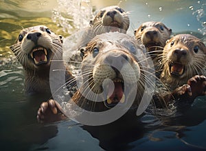 A group of otters look at the camera in a friendly way