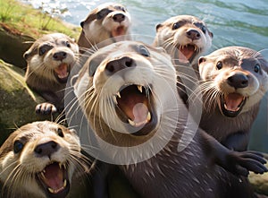 A group of otters look at the camera in a friendly way