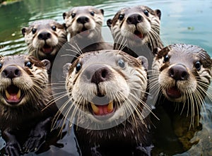 A group of otters look at the camera in a friendly way