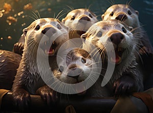 A group of otters look at the camera in a friendly way