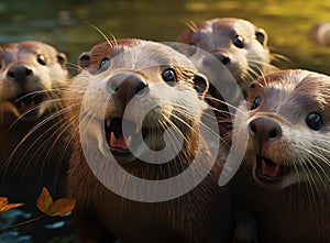 A group of otters look at the camera in a friendly way