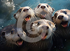 A group of otters look at the camera in a friendly way