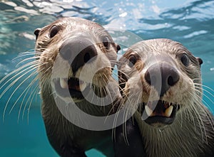 A group of otters look at the camera in a friendly way