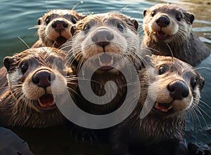 A group of otters look at the camera in a friendly way