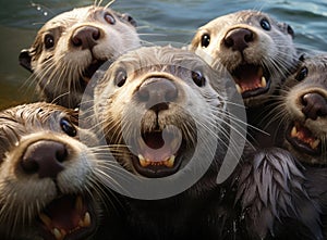 A group of otters look at the camera in a friendly way
