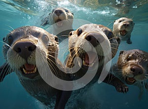 A group of otters look at the camera in a friendly way