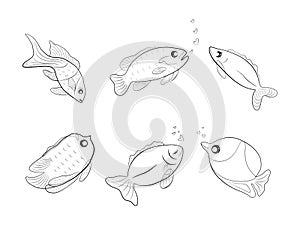 Group of outline doodle fish sea icon cartoon abstract background art design vector illustration