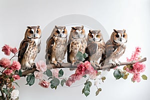a group of owls sitting on a branch next to flowers