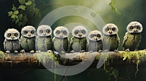 A group of owls sitting on top of a tree branch. Generative AI image.