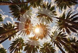 a group of palm trees in the sunlight on a sunny day
