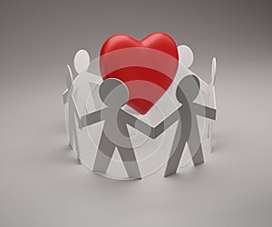 group of paper people holding hands and red heart shape in the middle