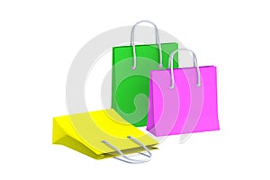 Group of paper shopping bags isolated on white background. Product discounts. Big sale