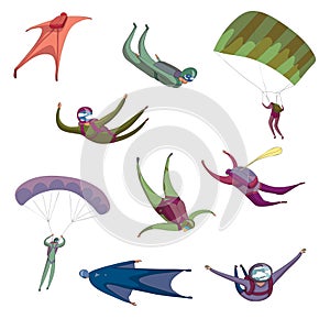 Group of parachutists in different positions. Vector illustration on white background.