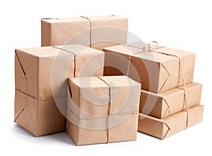 Group of parcel wrapped with brown packing paper