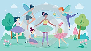 A group of parkgoers donning tutus and fairy wings as they participate in a Magical Fairy Fitness Day with yoga and
