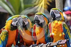 Group Of Parrots Dressed, Perched On Palm Tree And Chirping Tropical Tunes. Generative AI